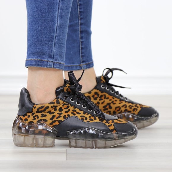 Animal Leopard Print Women's Fashion Chunky Heel Sneakers Shoes - Picture 3 of 15